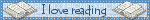 a blue "blinkie" with books on either side. the text reads "i love reading".