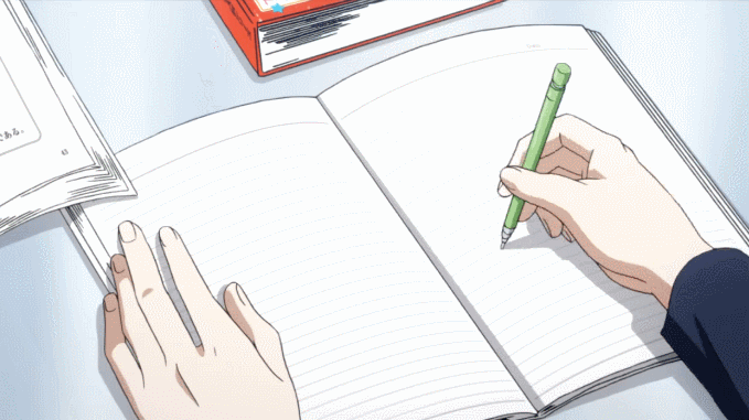 a gif of a student tapping a mechanical pencil on a notebook. the student lets go of the pencil and it rolls across the notebook.